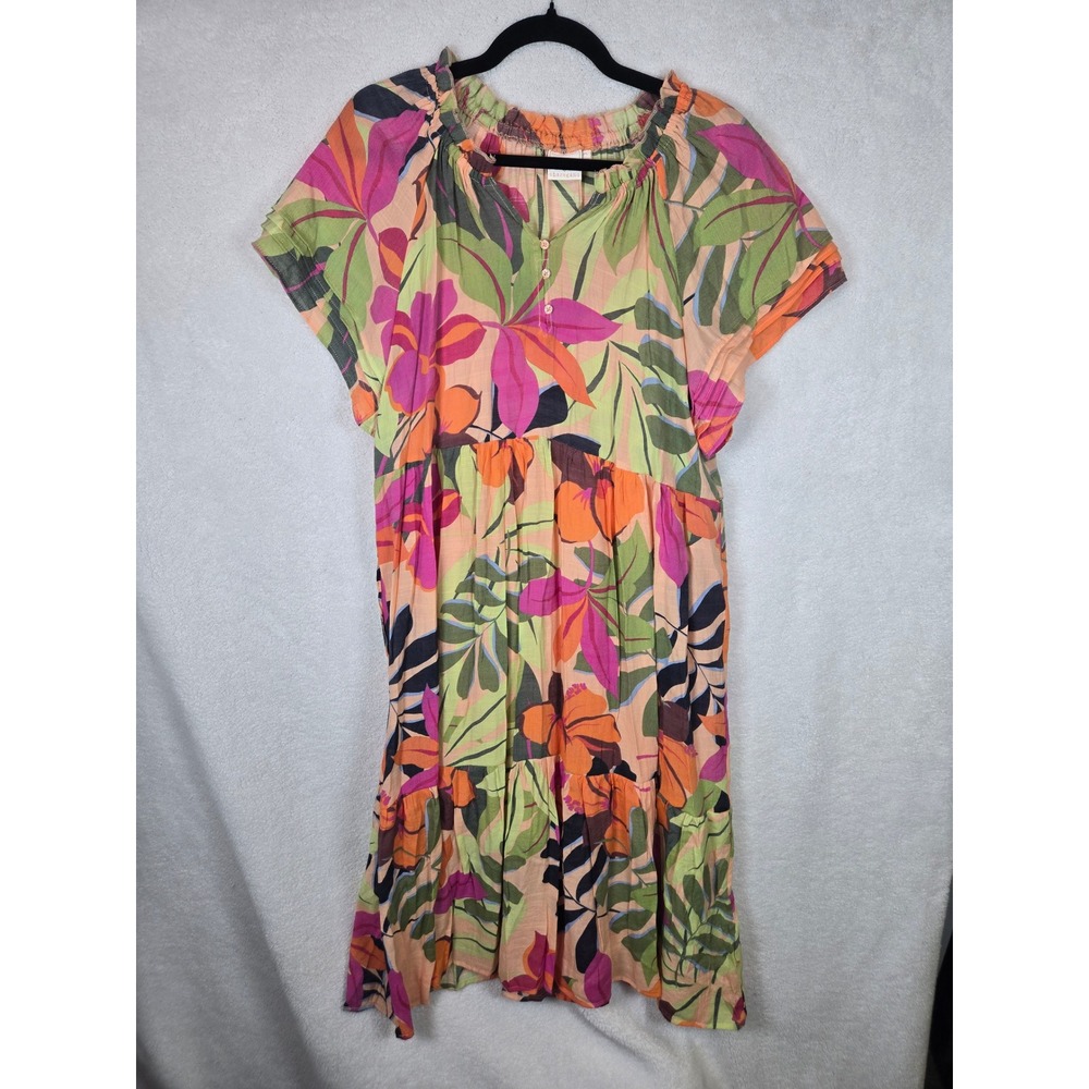Sharagano Tropical Floral Tiered Babydoll Midi Dress Petite Large PL Multicolor